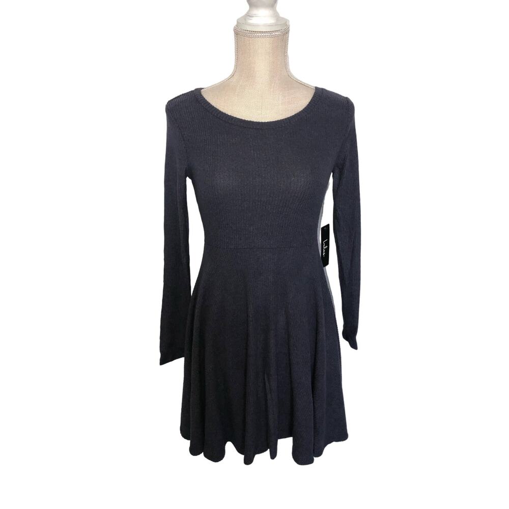 Lulus Denim Blue Ribbed Knit Fit and Flair Long Sleeve Skater Dress -XS